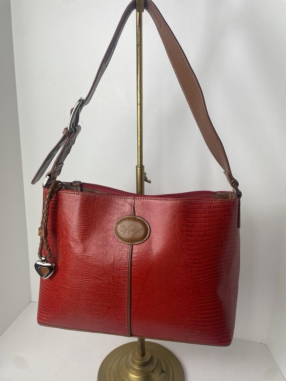Vintage Sharif Leather Shoulder Bag Red, Lizard-Embossed Brown Leather Trim 90s